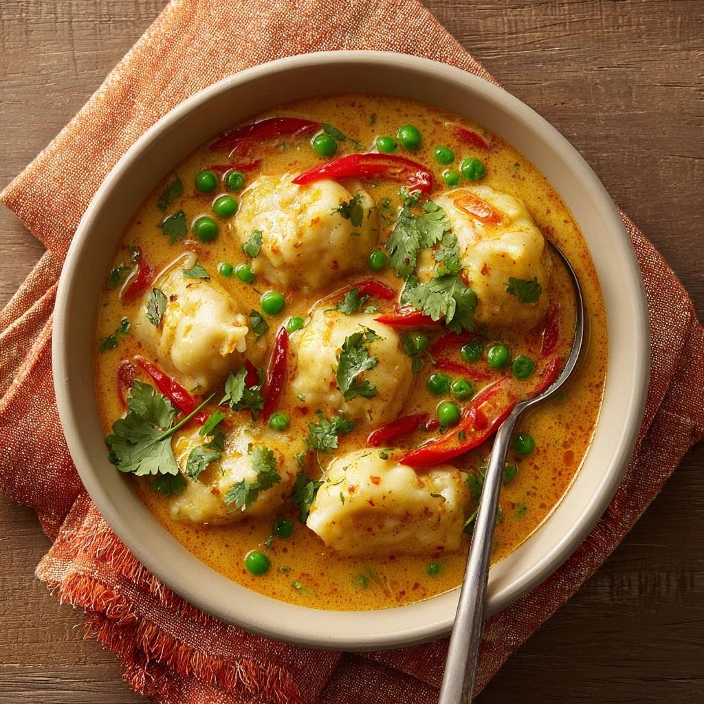 Gnocchi im cremigen Gelbcurry, serviert in einer Schüssel, garniert mit frischem Koriander und roten Chilis, von oben betrachtet.