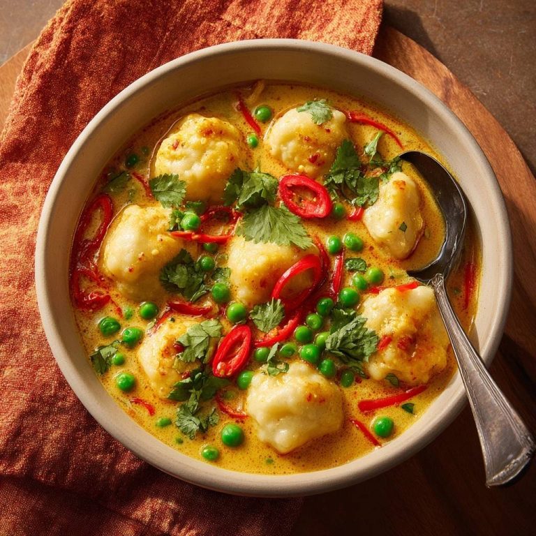 Gnocchi im cremigen Gelbcurry, serviert in einer Schüssel, mit Erbsen, Chili und frischen Kräutern von oben gesehen.