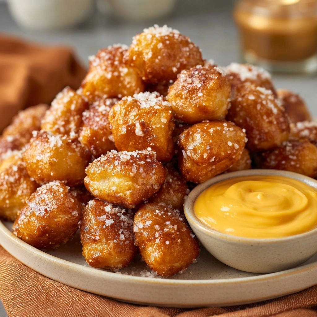 Goldbraune Brezelbites mit cremigem Käsedip in Nahaufnahme: Knusprige Brezelstücke mit grobem Salz bestreut, serviert mit einem cremigen Käsedip.