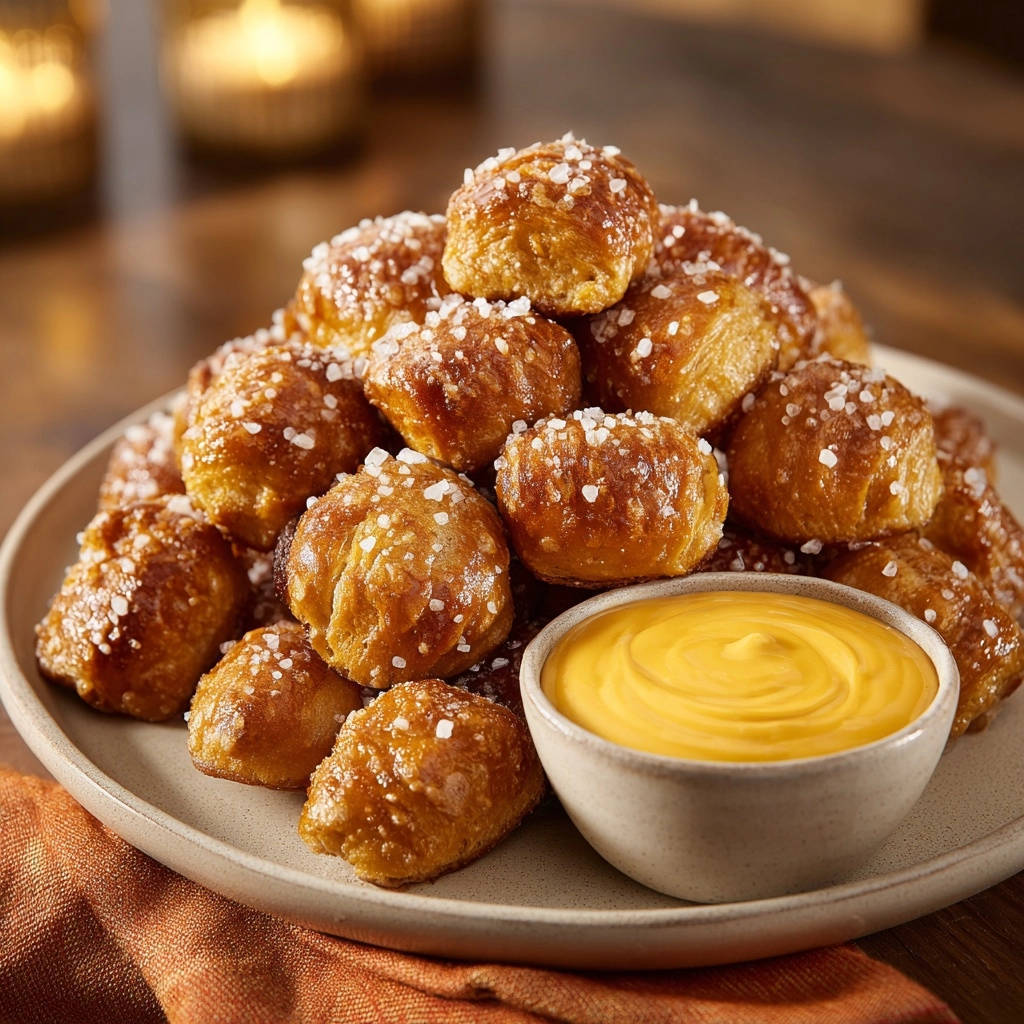 Goldbraune Brezelbites mit cremigem Käsedip, serviert auf einem Teller, perfekt angerichtet für den Genuss. Dazu ein köstlicher Käsedip.