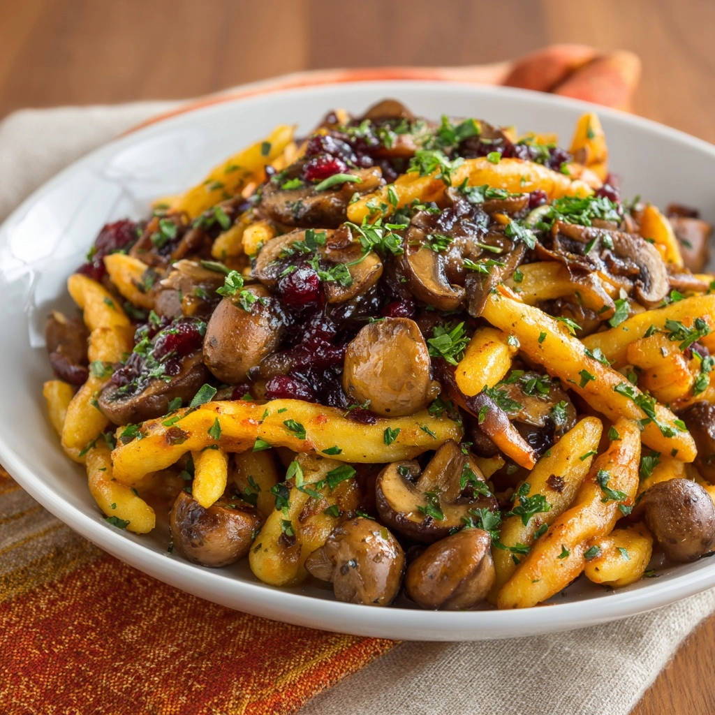 Goldbraune Spätzle-Pilzpfanne mit Cranberries in einer weißen Schüssel von oben gesehen, mit frischer Petersilie garniert.