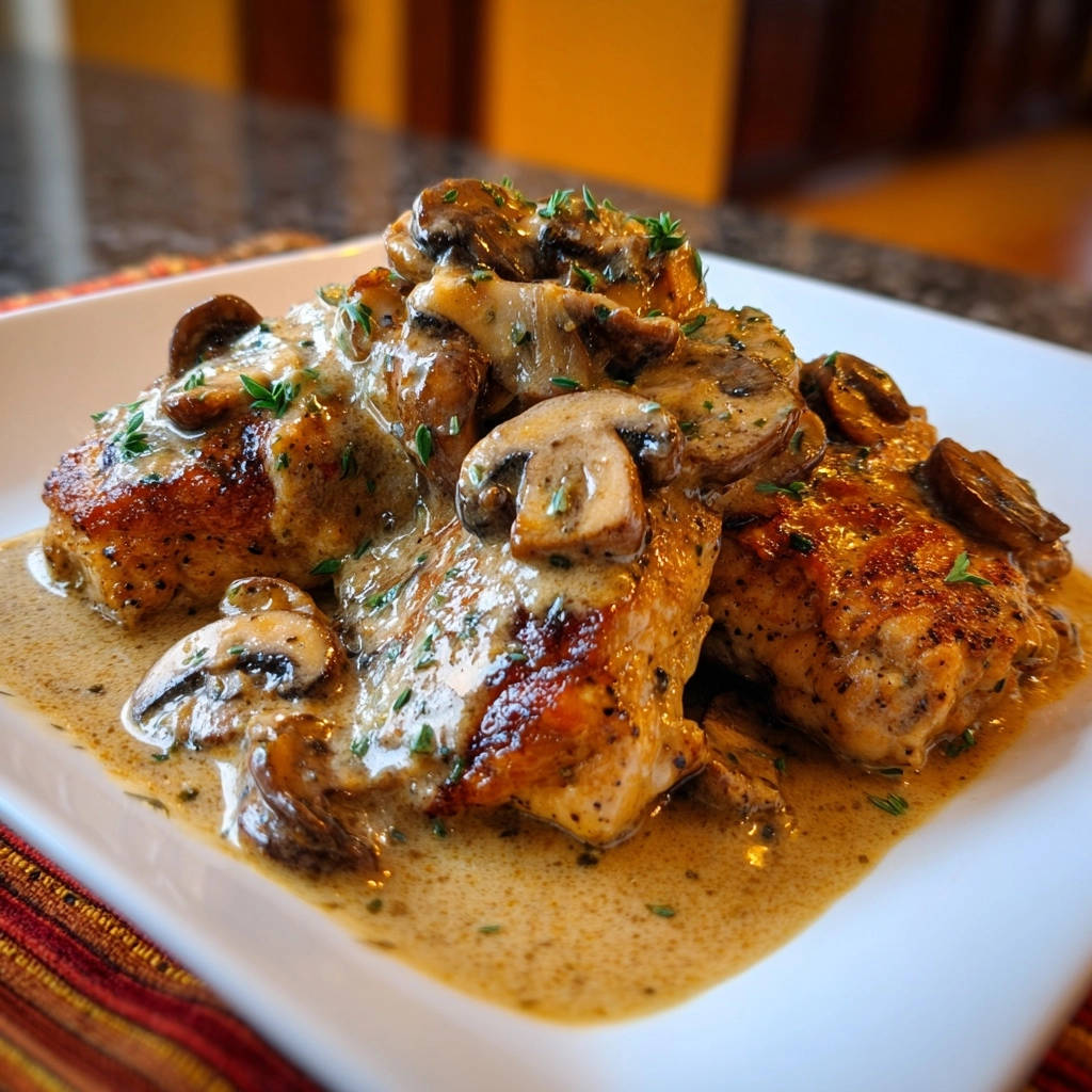 Hähnchen in cremiger Pilzrahmsoße, serviert in einer Nahaufnahme, mit goldbraun gebratenem Fleisch und einer cremigen Pilzsoße.