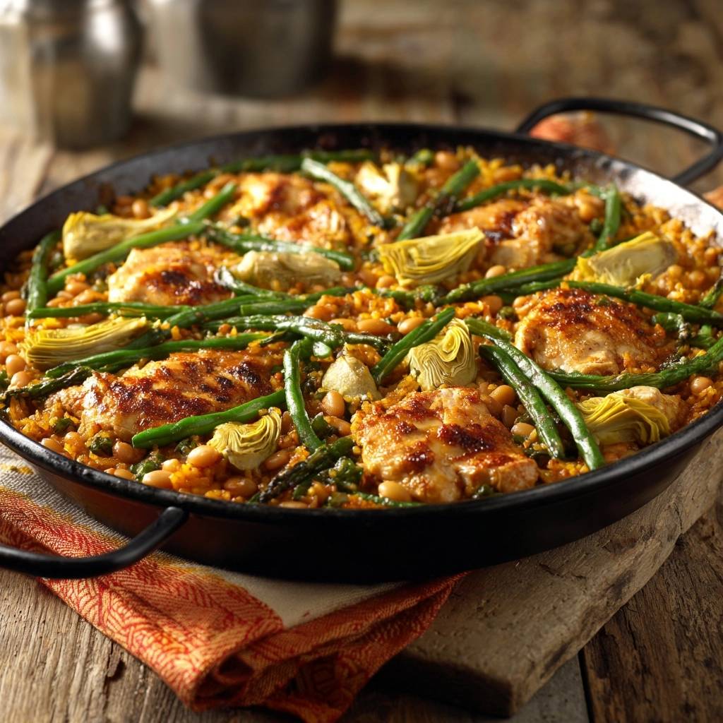 Hähnchen-Paella mit Artischocken und grünen Bohnen in einer Pfanne, von oben fotografiert, mit knusprigem Hähnchen und Gemüse.