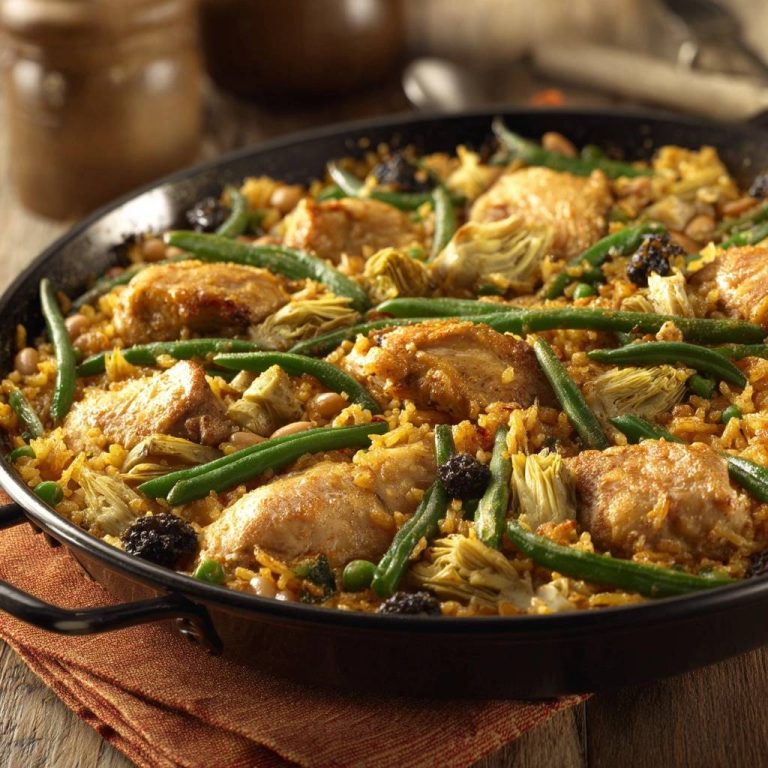 Hähnchen-Paella mit Artischocken und grünen Bohnen in einer Pfanne, von oben fotografiert, mit knusprigem Socarrat und frischen Zutaten.
