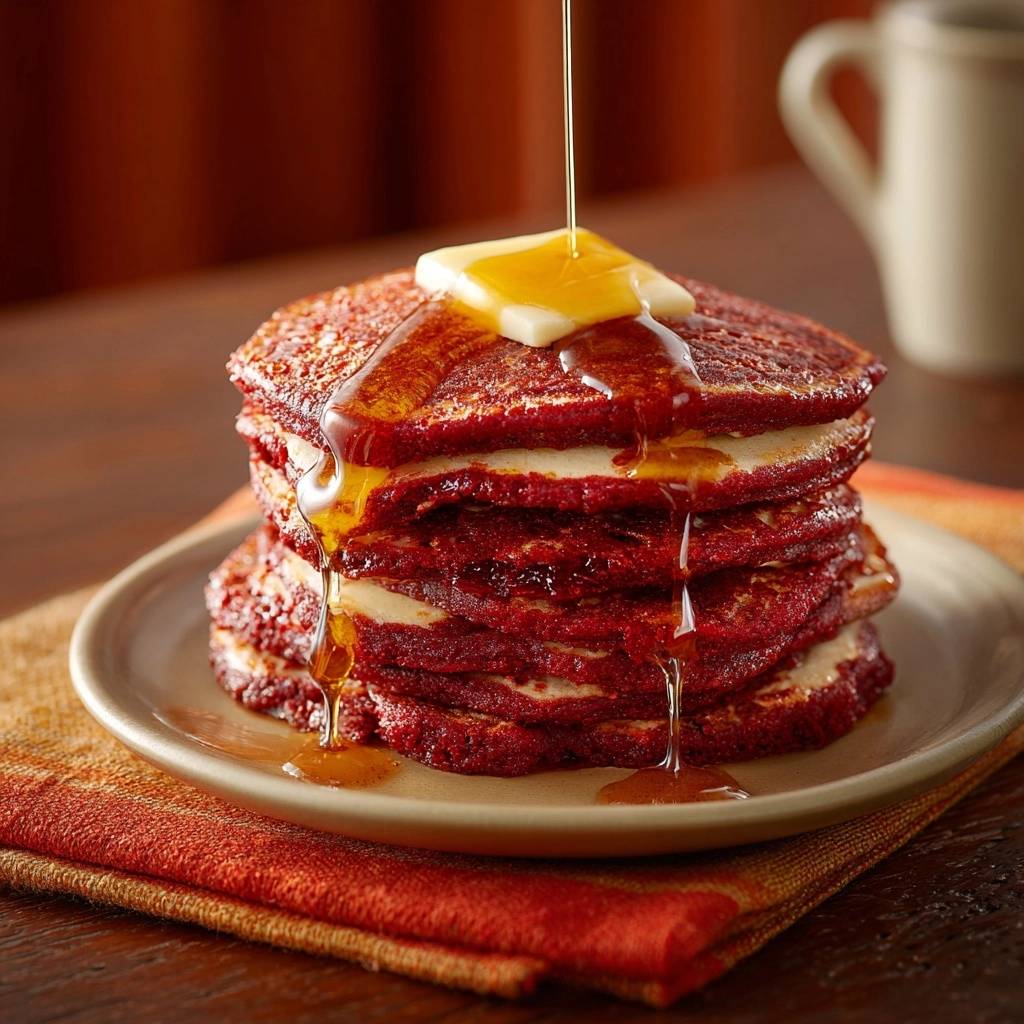 Herbstliche Rote-Bete-Pfannkuchen, serviert mit einem Stück Butter und fließendem Ahornsirup, sind ein Fest für die Augen.