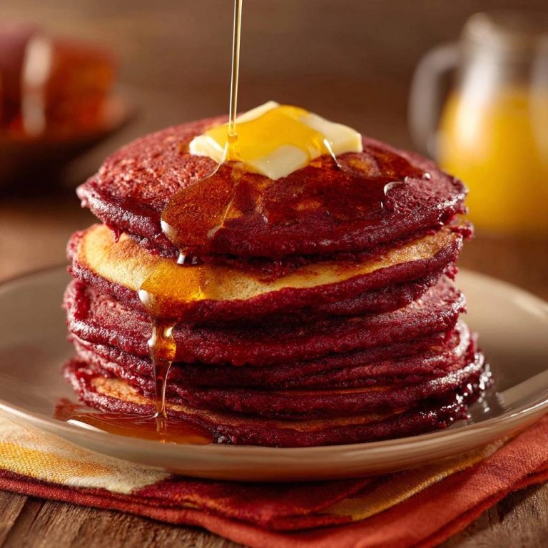 Herbstliche Rote-Bete-Pfannkuchen, serviert mit flüssigem Ahornsirup und einer Butterflocke, die auf einem Stapel liegt.