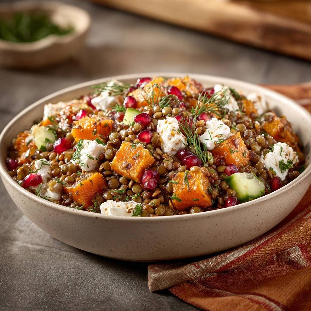 Herbstlicher Kuerbis Linsen Salat Mit Feta Draufsicht 1 Herbstlicher Kürbis-Linsen-Salat mit Feta & Granatapfel in einer Schüssel, serviert aus der Vogelperspektive, mit frischen Kräutern garniert.