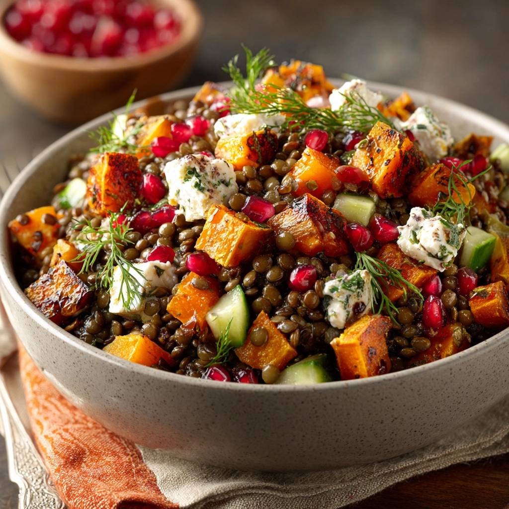 Herbstlicher Kürbis-Linsen-Salat mit Feta & Granatapfel in Nahaufnahme, garniert mit frischem Dill und saftigen Granatapfelkernen. Die köstliche Mischung aus Linsen, Kürbis und Feta in einer Schüssel.