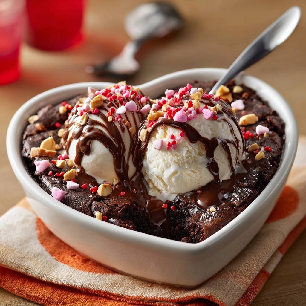 Herzförmiger Schoko-Brownie Sundae mit zwei Kugeln Eis, Schokoladensauce und Streuseln, nahaufnahme garniert.