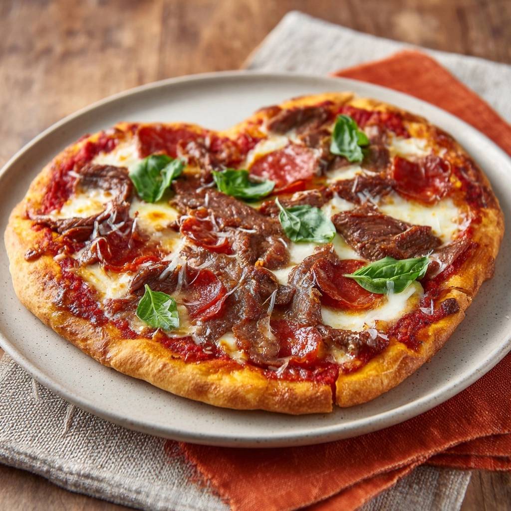 Herzförmige Pepperoni-Pizza, serviert auf einem grauen Teller, mit frischem Basilikum garniert und von oben fotografiert.