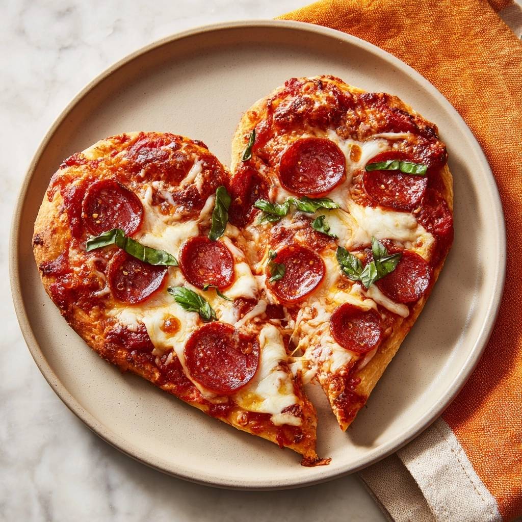 Herzförmige Pepperoni-Pizza serviert auf einem beigen Teller, garniert mit frischem Basilikum und geschmolzenem Käse.