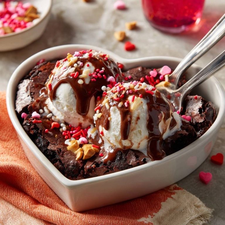 Herzförmiger Schoko-Brownie Sundae mit zwei Kugeln Eis, Schokoladensauce und Streuseln, detailnah serviert.