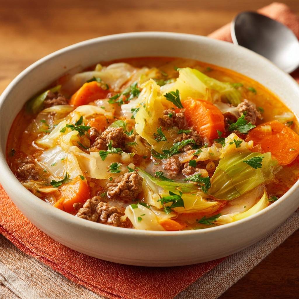 Die herzhaft-knackige Hack-Kohl-Suppe in einer Schüssel serviert, mit Nahaufnahme von Kohl, Karotten und Hackfleisch.