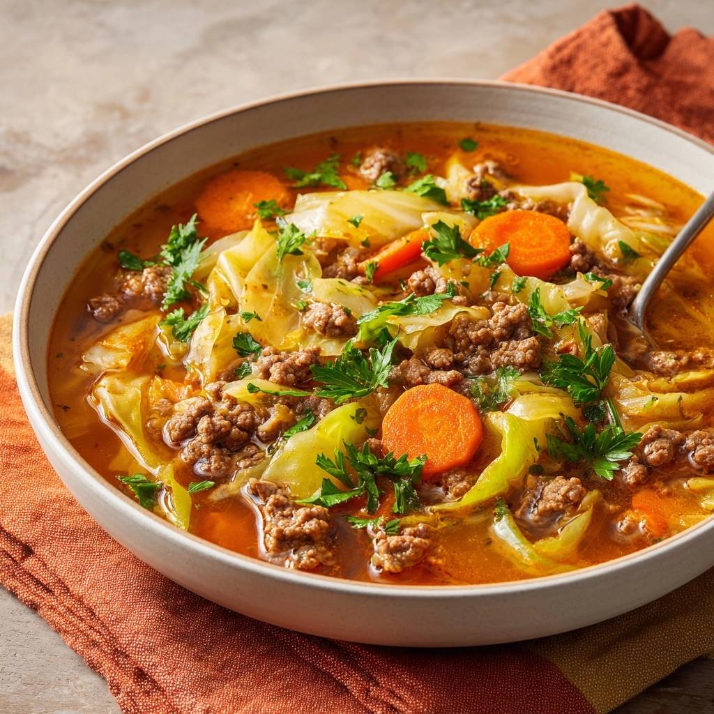 Herzhaft-knackige Hack-Kohl-Suppe in Nahaufnahme, serviert in einer Schüssel, mit frischer Petersilie garniert und köstlichen Zutaten.