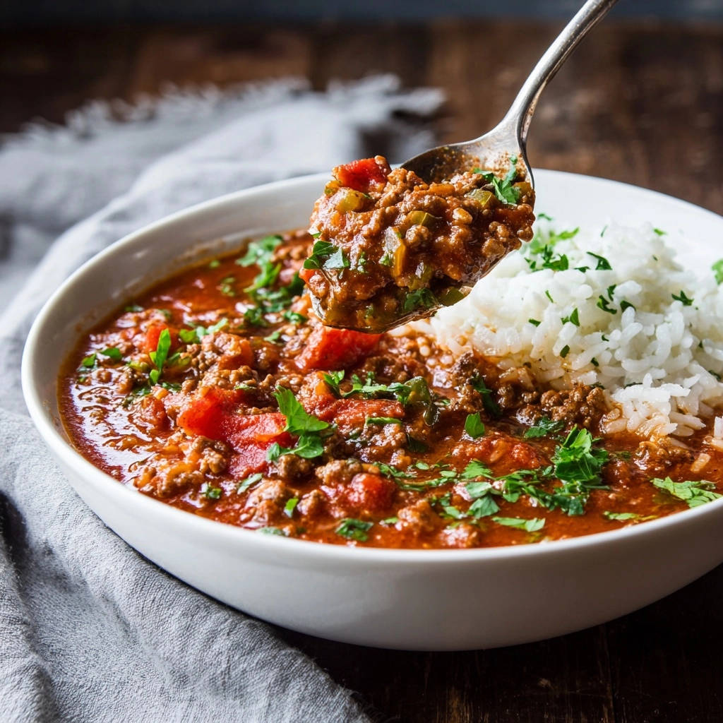 Herzhafte Hackfleisch-Tomatensuppe mit Reis, serviert mit einem Löffel voll, der die köstliche Textur und die frischen Kräuter zeigt.