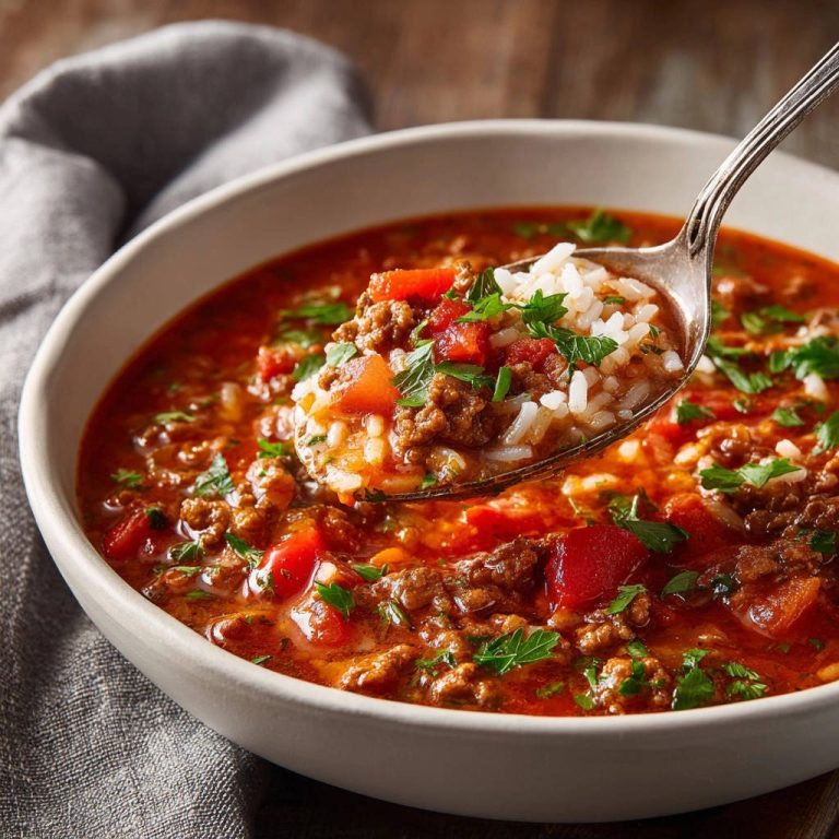 Herzhafte Hackfleisch-Tomatensuppe mit Reis: Nahaufnahme eines Löffels voller Suppe, die die Textur der Zutaten zeigt und zum Genuss einlädt.