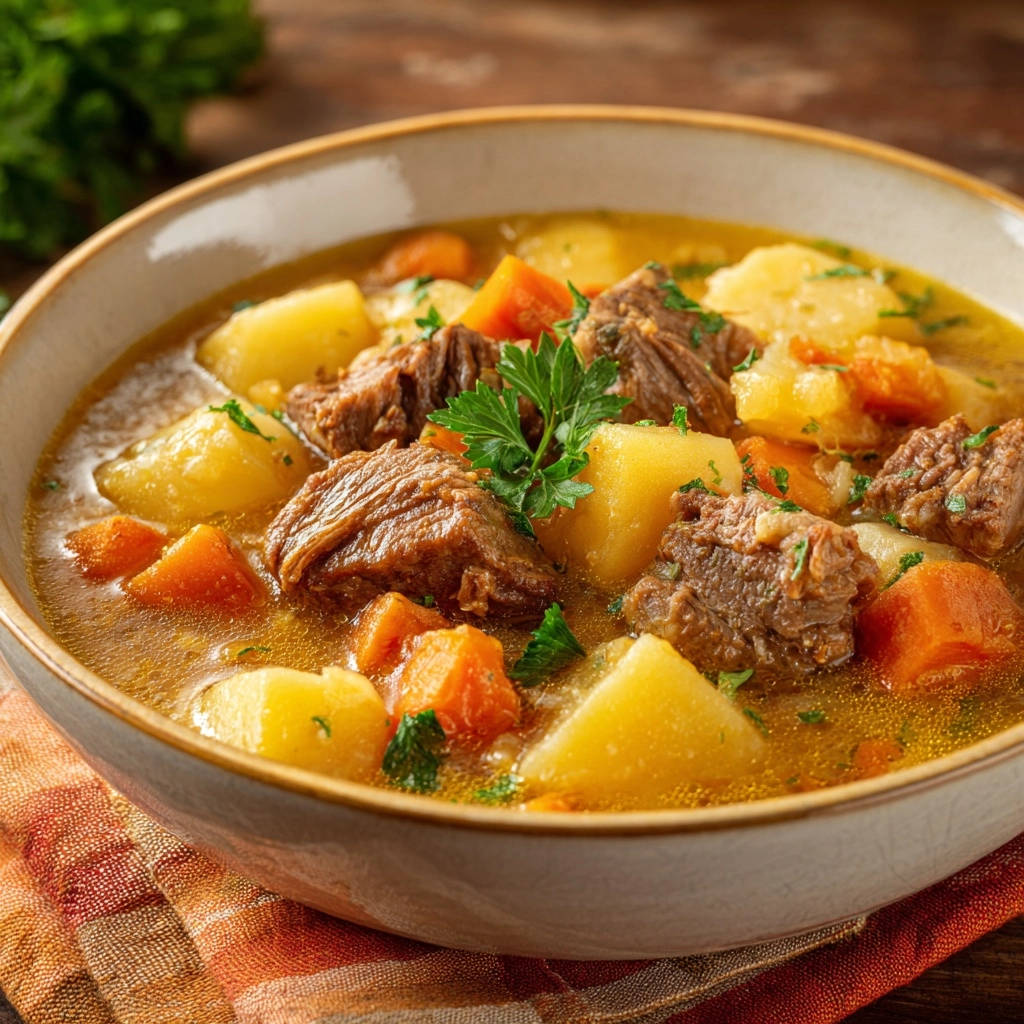 Herzhaftes Rindergulasch mit Wurzelgemüse in Nahaufnahme, serviert in einer rustikalen Schüssel. Die zarten Fleischstücke und das Gemüse sind von frischer Petersilie garniert.