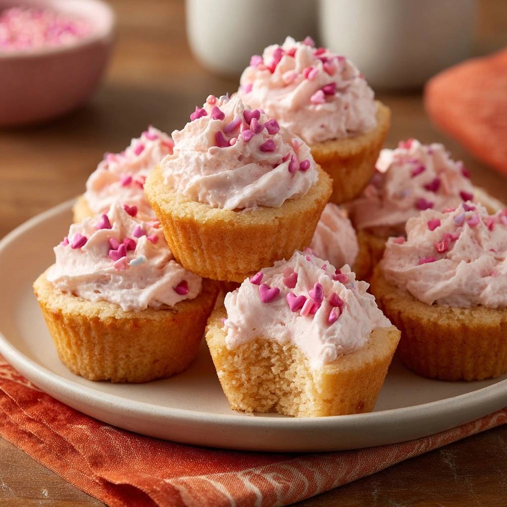 Herzige Rosa Cupcakes Angeschnitten 1 Herzige Rosa Cupcakes mit pinkfarbenem Frosting, angeschnitten, um die saftige Textur zu zeigen. Die kleinen Küchlein sind mit Herzchen-Streuseln dekoriert.