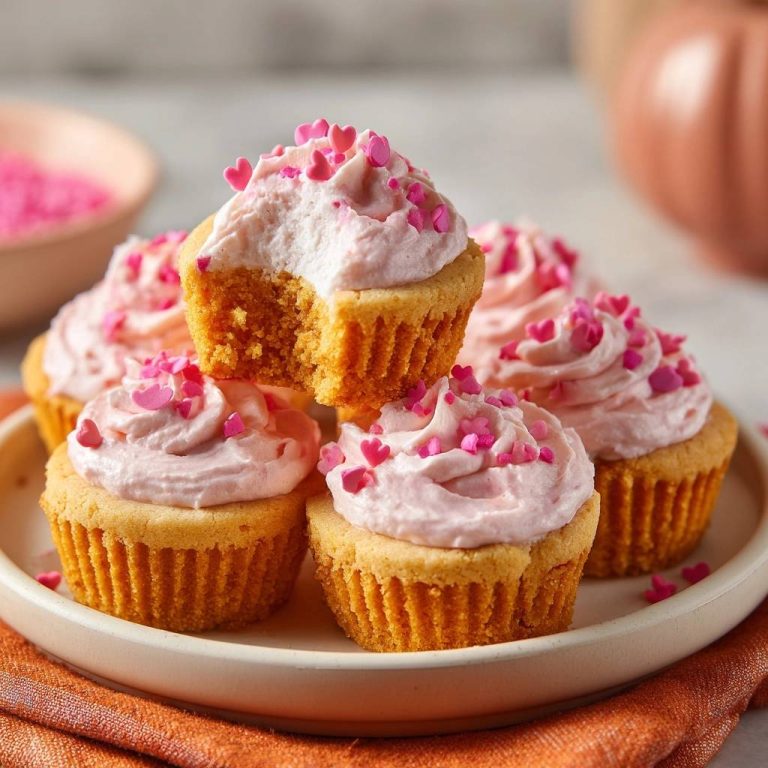 Herzige Rosa Cupcakes mit einem Biss, der das saftige Innere zeigt, verziert mit pinkfarbenen Herzchen-Streuseln auf cremiger Glasur.