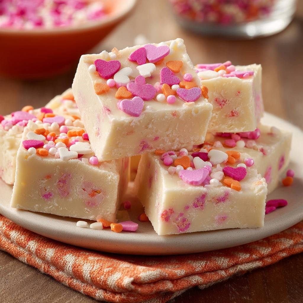 Herziger Rosa-Fudge ist hier in gestapelten Quadraten serviert, die mit herzförmigen und bunten Streuseln dekoriert sind.