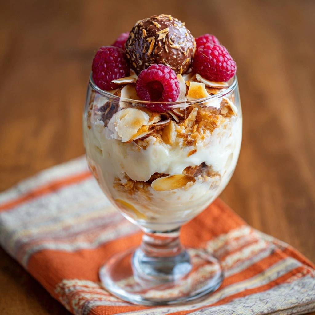 Himbeer Kokos Schoko Parfait Detailansicht 1 Himbeer-Kokos-Schoko-Parfait, serviert in einem Glas, zeigt die Schichten aus Creme, Knusper und frischen Himbeeren, garniert mit einer Praline.