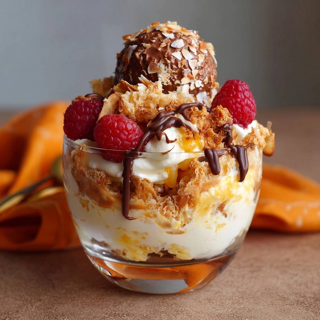Himbeer-Kokos-Schoko-Parfait in Nahaufnahme mit frischen Himbeeren, Schokosauce und knusprigen Kokosflocken. Ein dekadentes Dessert in einem Glas serviert.