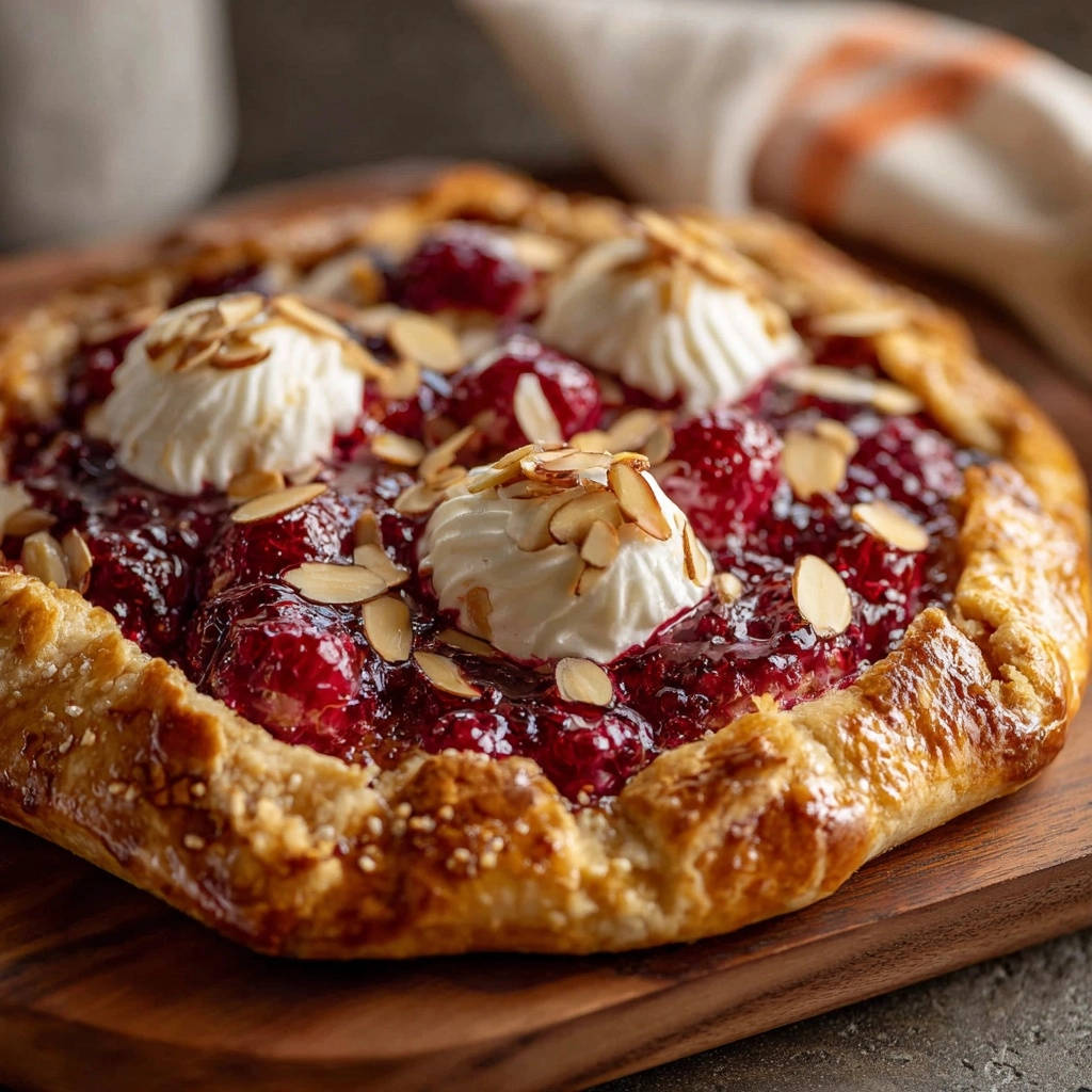 Himbeer Mandel Galette Draufsicht Mit Sahne 1 Himbeer-Mandel-Galette von oben mit frischer Sahne und Mandelblättchen garniert, gebacken bis zur goldenen Perfektion.