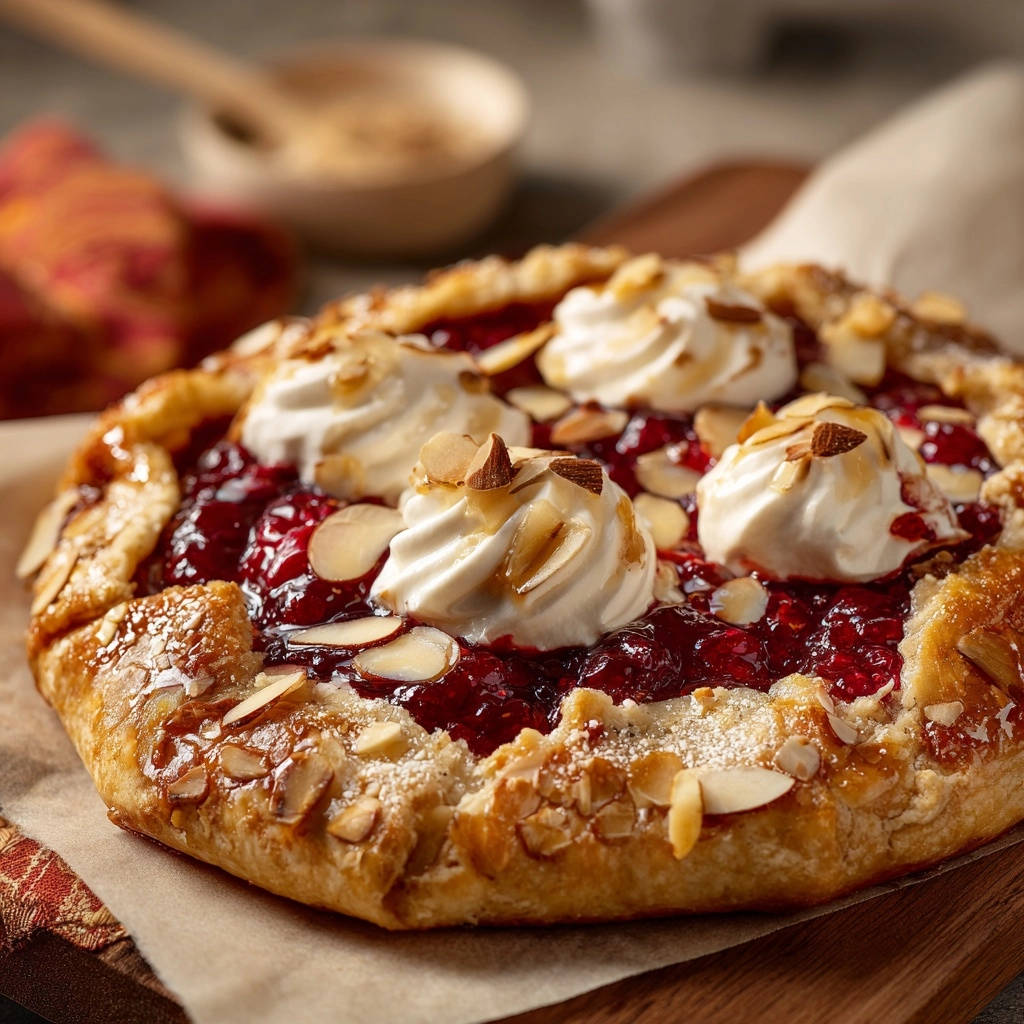 Himbeer-Mandel-Galette von oben, garniert mit Tupfern Sahne und Mandelblättchen auf einem Holzbrett serviert.