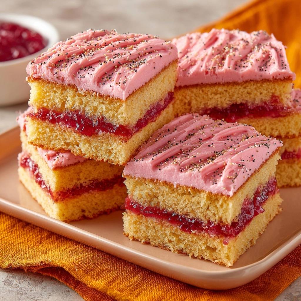 Himbeer-Mohn-Kuchenstücke angeschnitten zeigen die saftige Füllung und den lockeren Teig.