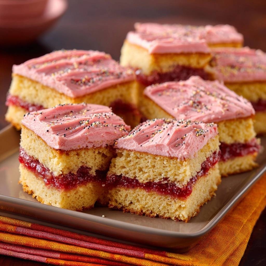 Himbeer Mohn Kuchenstuecke Querschnitt 1 Himbeer-Mohn-Kuchenstücke im Querschnitt, die Schichten aus Kuchen und Marmelade sind gut sichtbar.