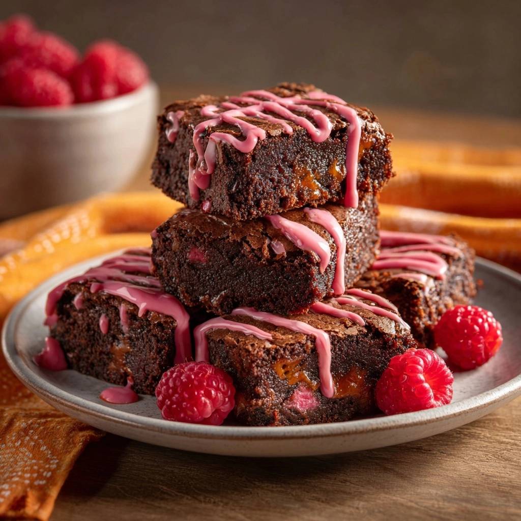 Himbeer-Schoko-Brownies sind gestapelt und mit rosa Glasur verziert, serviert auf einem Teller mit frischen Himbeeren.