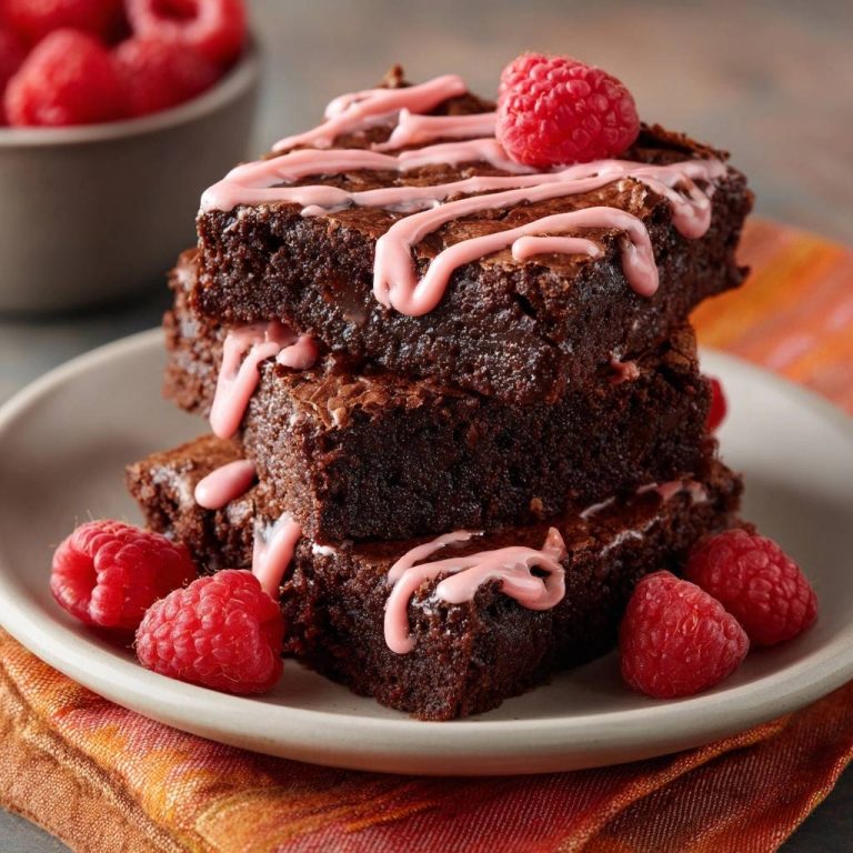 Himbeer-Schoko-Brownies gestapelt serviert mit rosa Zuckerguss und frischen Himbeeren, die auf einem Teller angerichtet sind.