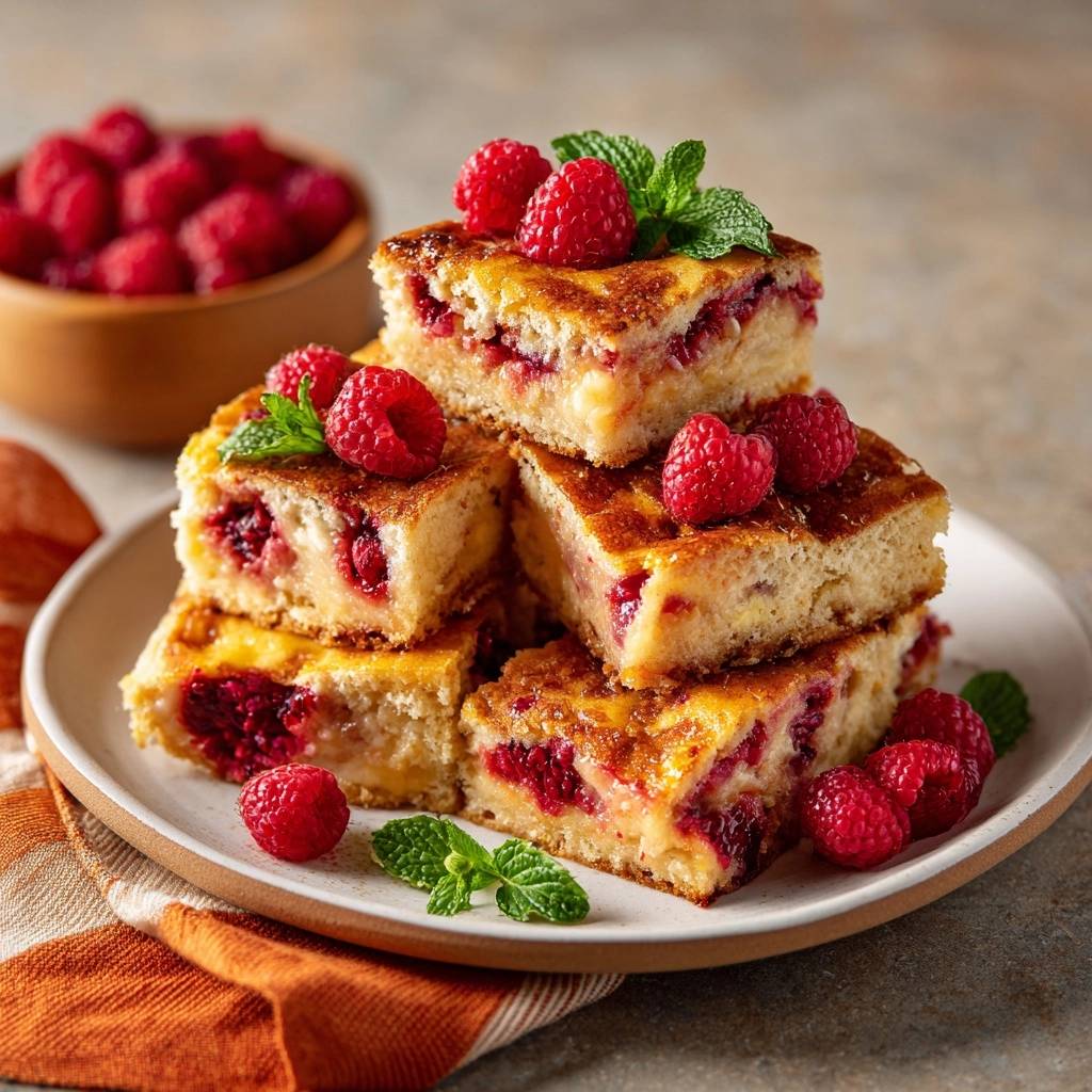 Himbeerkäsekuchen, serviert auf einem Teller, zeigt den saftigen Querschnitt der Himbeeren und des Kuchens mit Minze garniert.