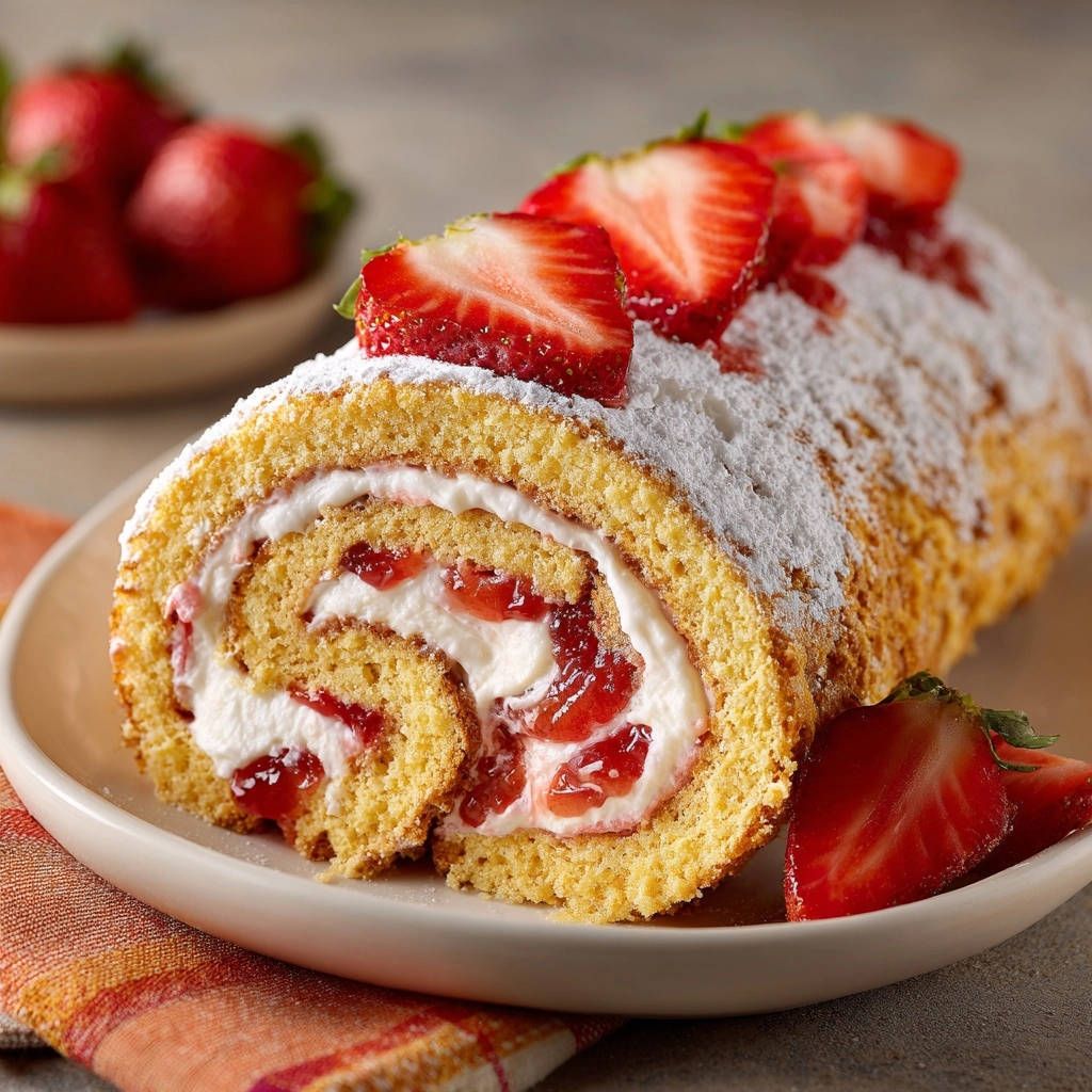 Himmlische Erdbeer-Sahne-Biskuitrolle zeigt einen verlockenden Querschnitt, gefüllt mit Sahne und Erdbeeren, präsentiert auf einem Teller. Die Biskuitrolle ist mit Puderzucker bestäubt.