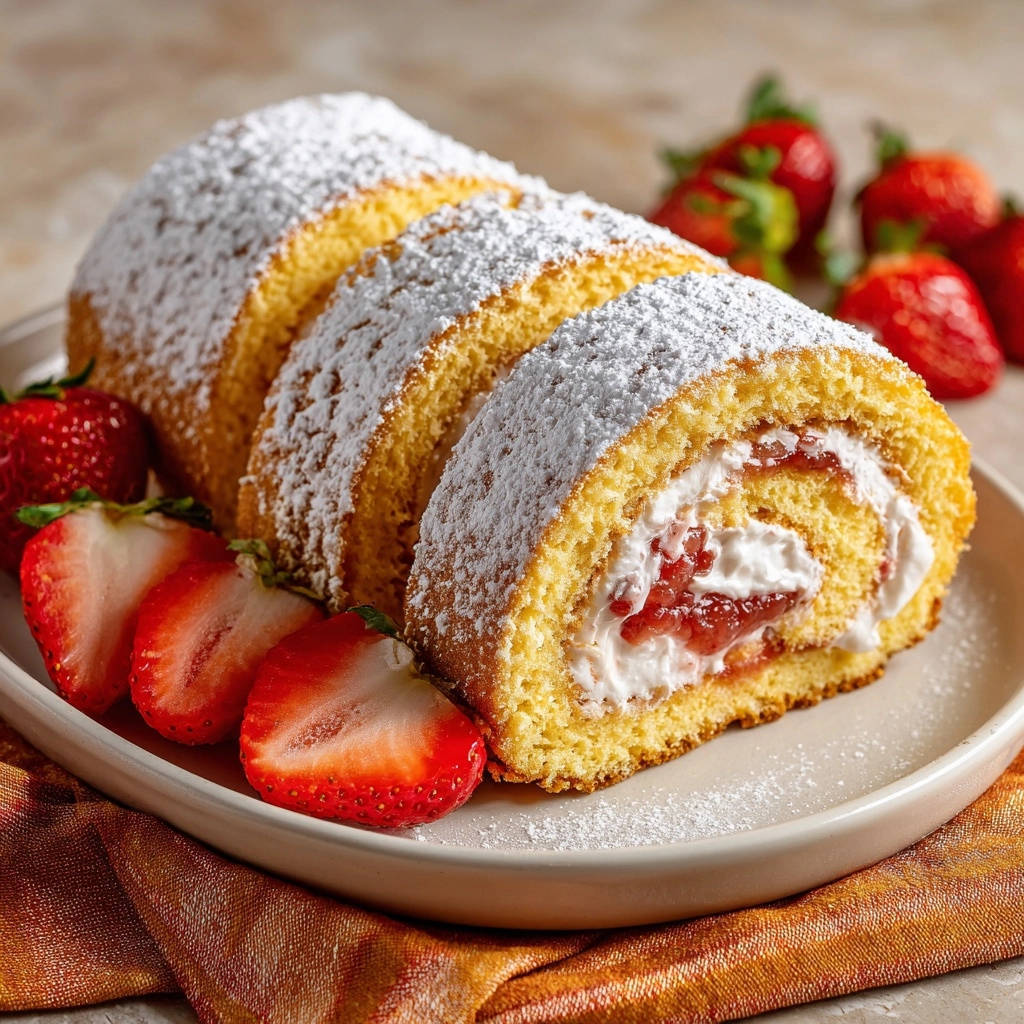 Himmlische Erdbeer-Sahne-Biskuitrolle mit Ansicht des Querschnitts, der die cremige Füllung und frischen Erdbeeren zeigt.