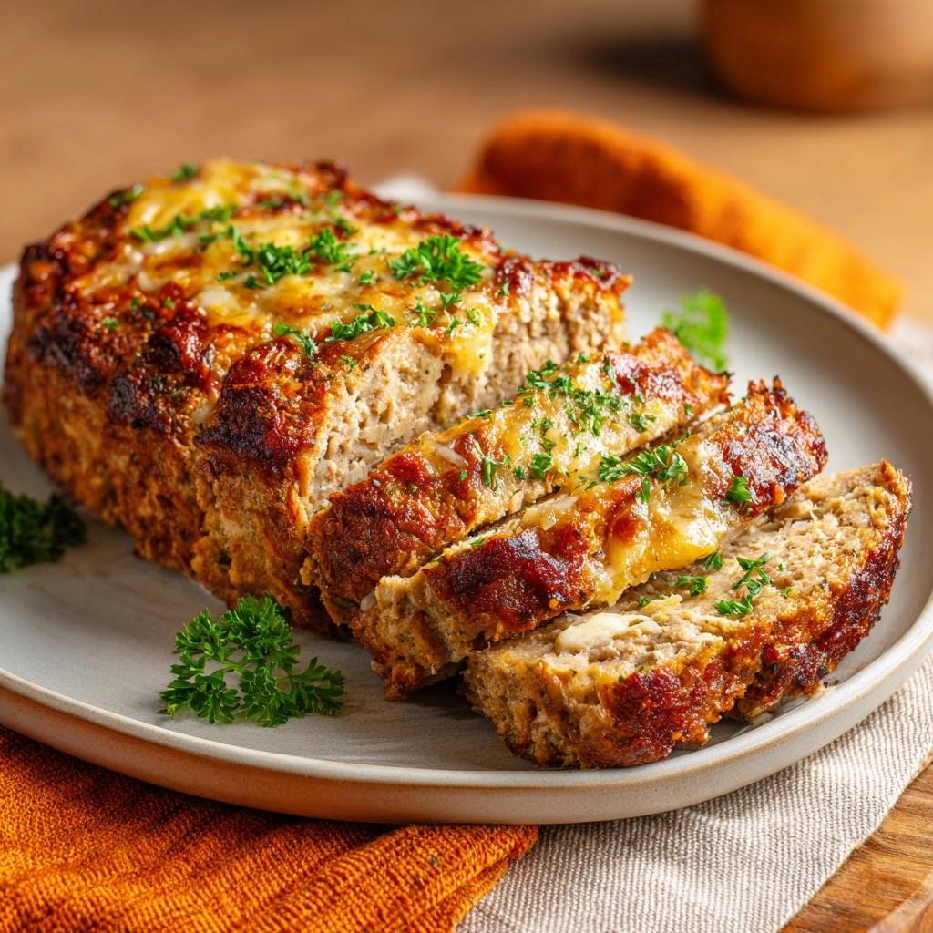 Saftiger Käse-Hackbraten im Nahaufnahme-Querschnitt, garniert mit frischer Petersilie und goldbraun gebacken. Der Hackbraten zeigt eine saftige Innenansicht.