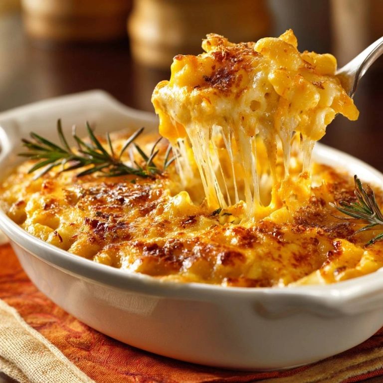 Überbackene Käsemakkaroni mit cremigem Käse, der in langen Fäden von der Gabel gezogen wird.
