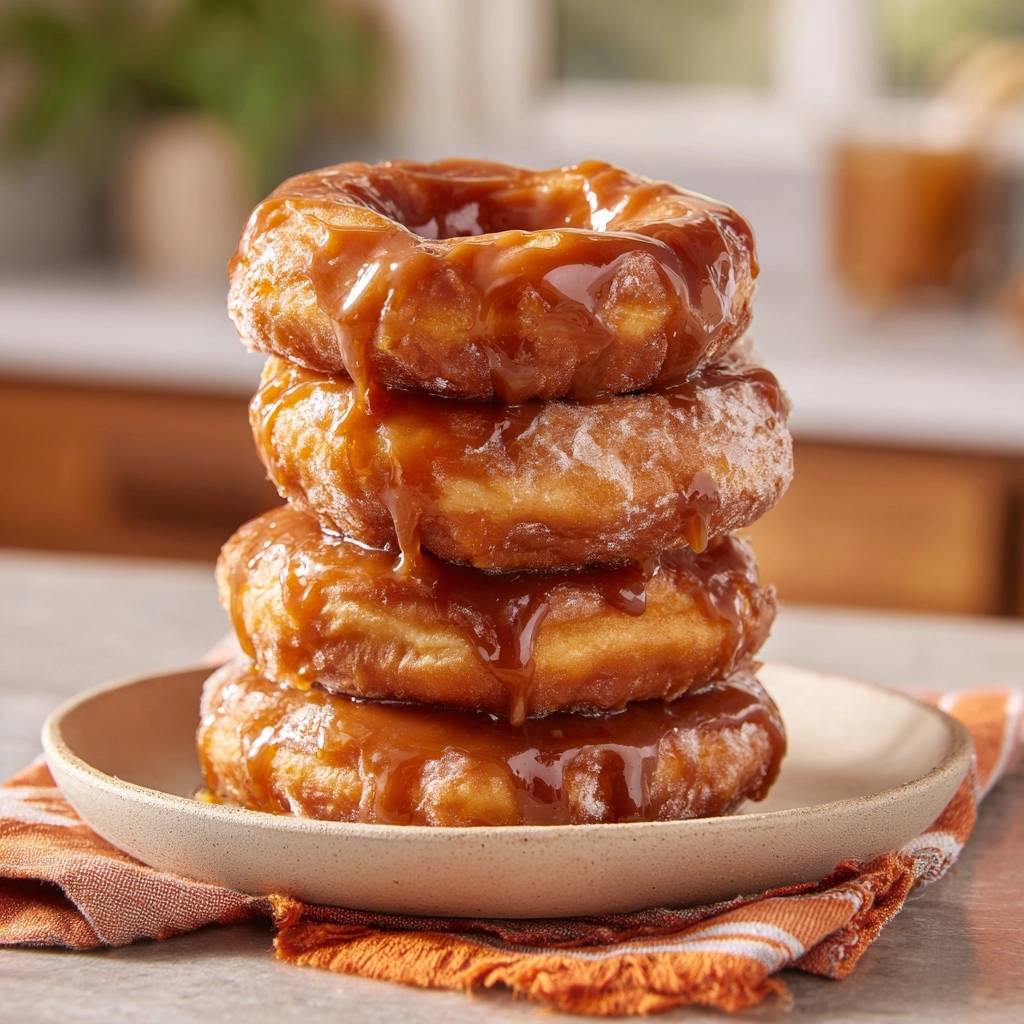Karamell Donuts Gestapelt Mit Glasur 1 Karamell-Donuts: Fettfrei & fluffig backen, gestapelt auf einem Teller mit glänzender Karamellglasur, die heruntertropft.