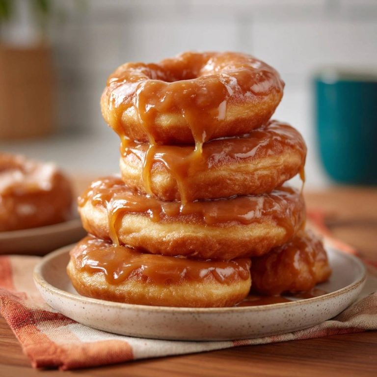 Karamell-Donuts in Nahaufnahme mit fließendem Karamellguss. Die frisch gebackenen Donuts sind auf einem Teller gestapelt.