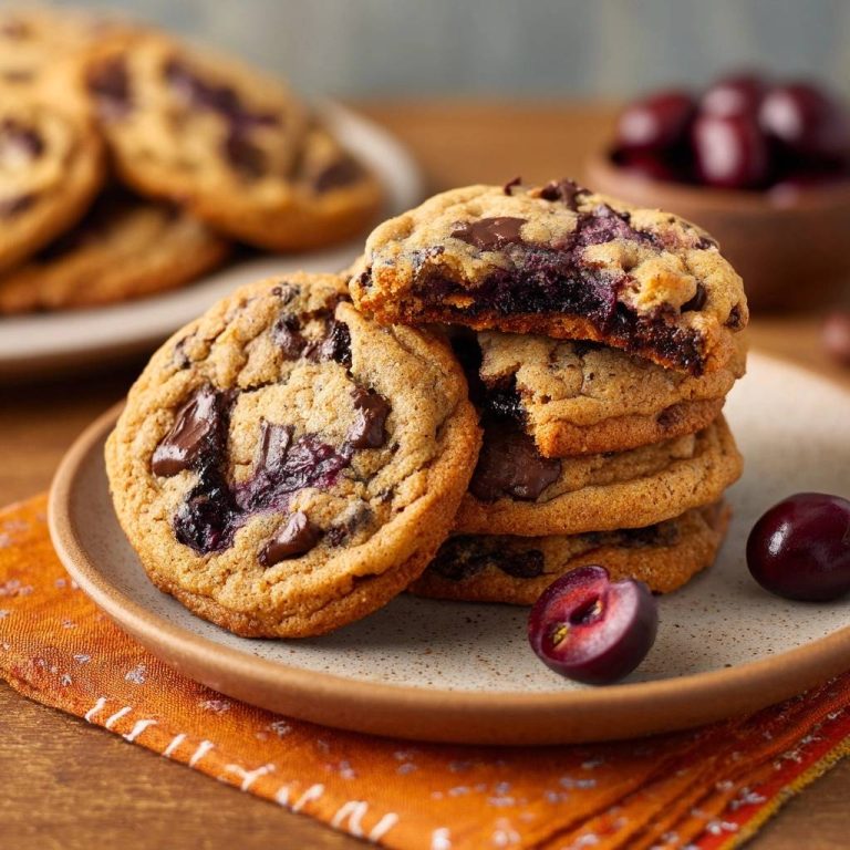 Kirsch-Schoko-Cookies zeigen einen verführerischen Querschnitt, der die saftigen Kirschen und die geschmolzene Schokolade im Inneren offenbart.