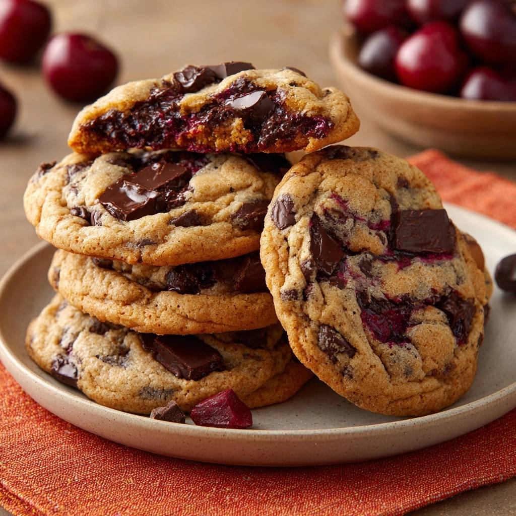 Kirsch-Schoko-Cookies im Nahaufnahme-Querschnitt, der die fruchtige Kirschfüllung und Schokoladenstücke zeigt. Knusprige Cookies, perfekt gebacken.