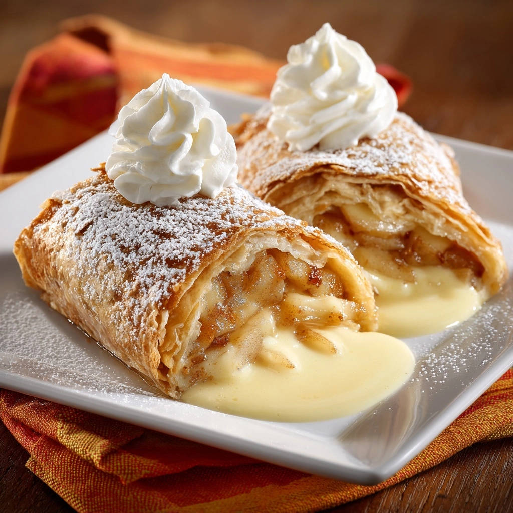 Klassischer Apfelstrudel, angeschnitten, präsentiert die leckere Füllung und cremige Vanillesauce. Mit Schlagsahne garniert, ein wahrer Genuss.
