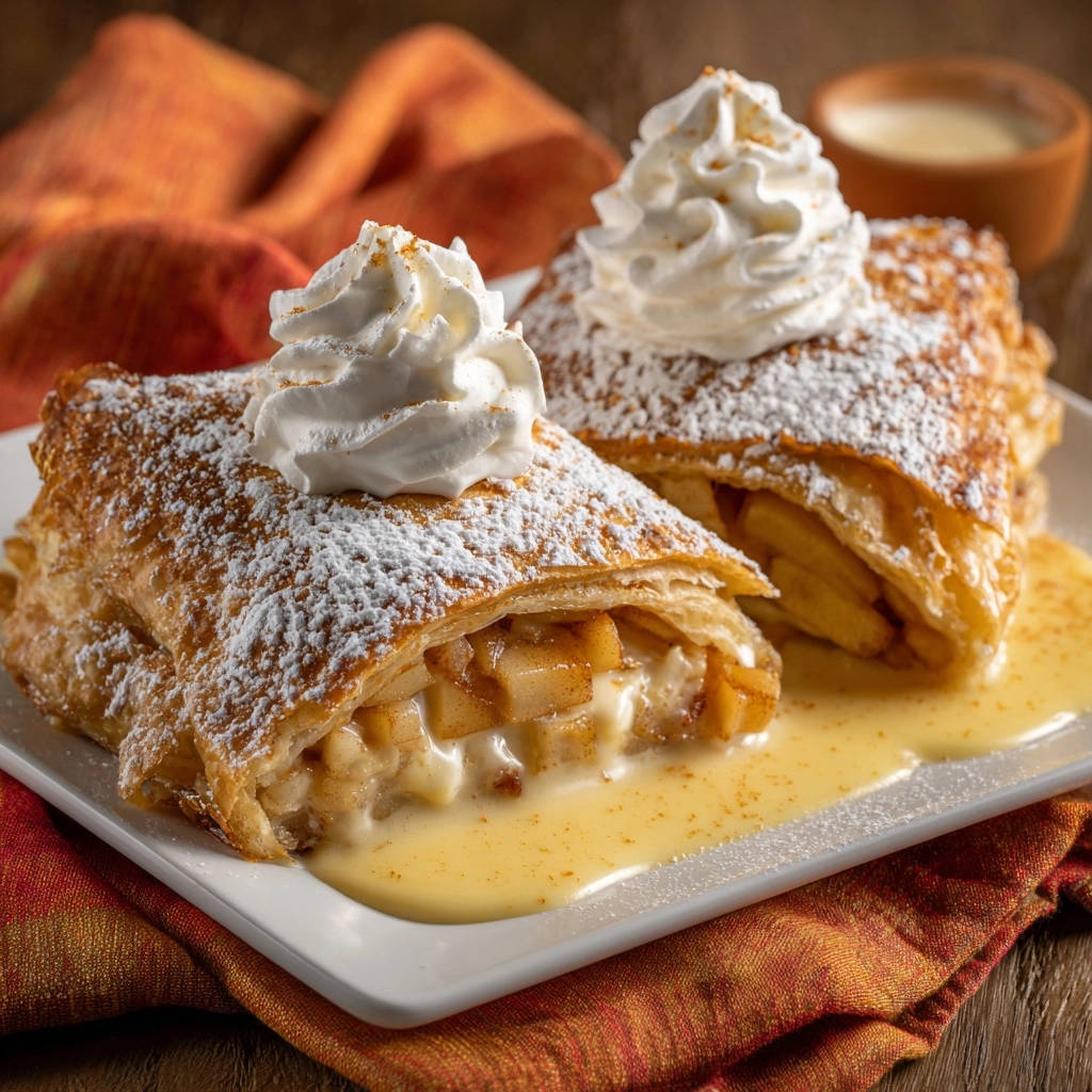Klassischer Apfelstrudel, serviert auf einem Teller, zeigt einen verlockenden Querschnitt mit cremiger Füllung und Puderzucker.