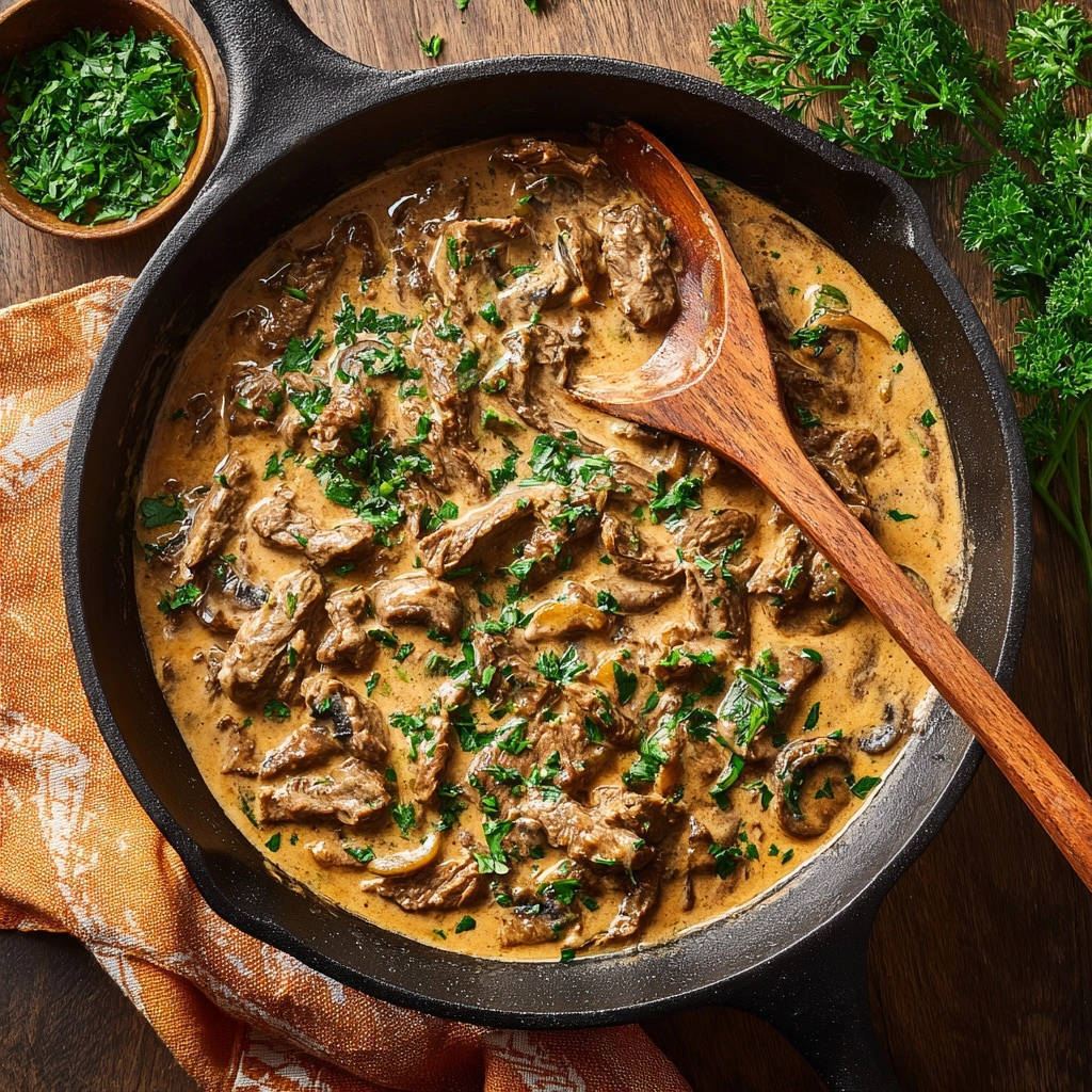 Klassisches Rind Stroganoff, serviert in einer gusseisernen Pfanne, garniert mit frischer Petersilie. Ein köstliches Gericht für Feinschmecker, das von oben betrachtet wird.