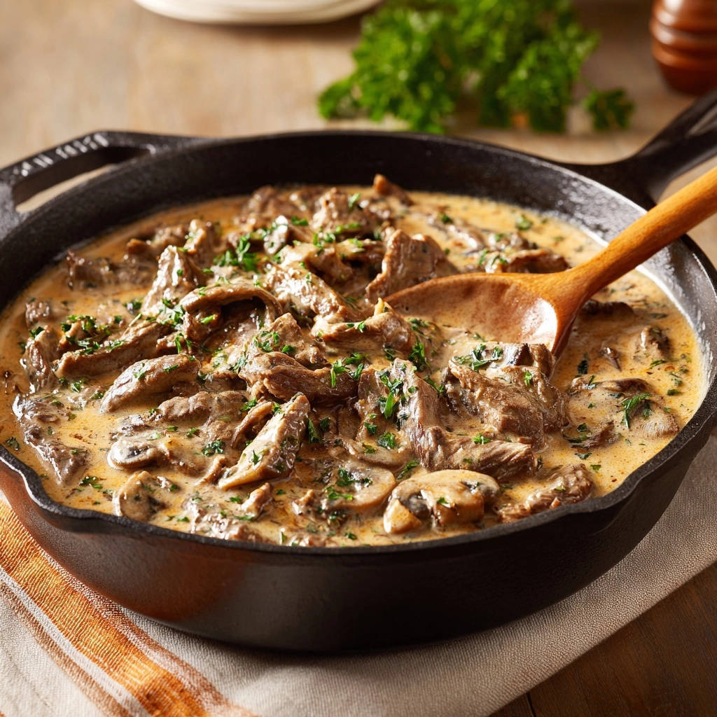 Klassisches Rind Stroganoff In Der Pfanne Nahaufnahme 1 Klassisches Rind Stroganoff in einer gusseisernen Pfanne, garniert mit frischer Petersilie. Der cremige Eintopf wird mit einem Holzlöffel serviert.