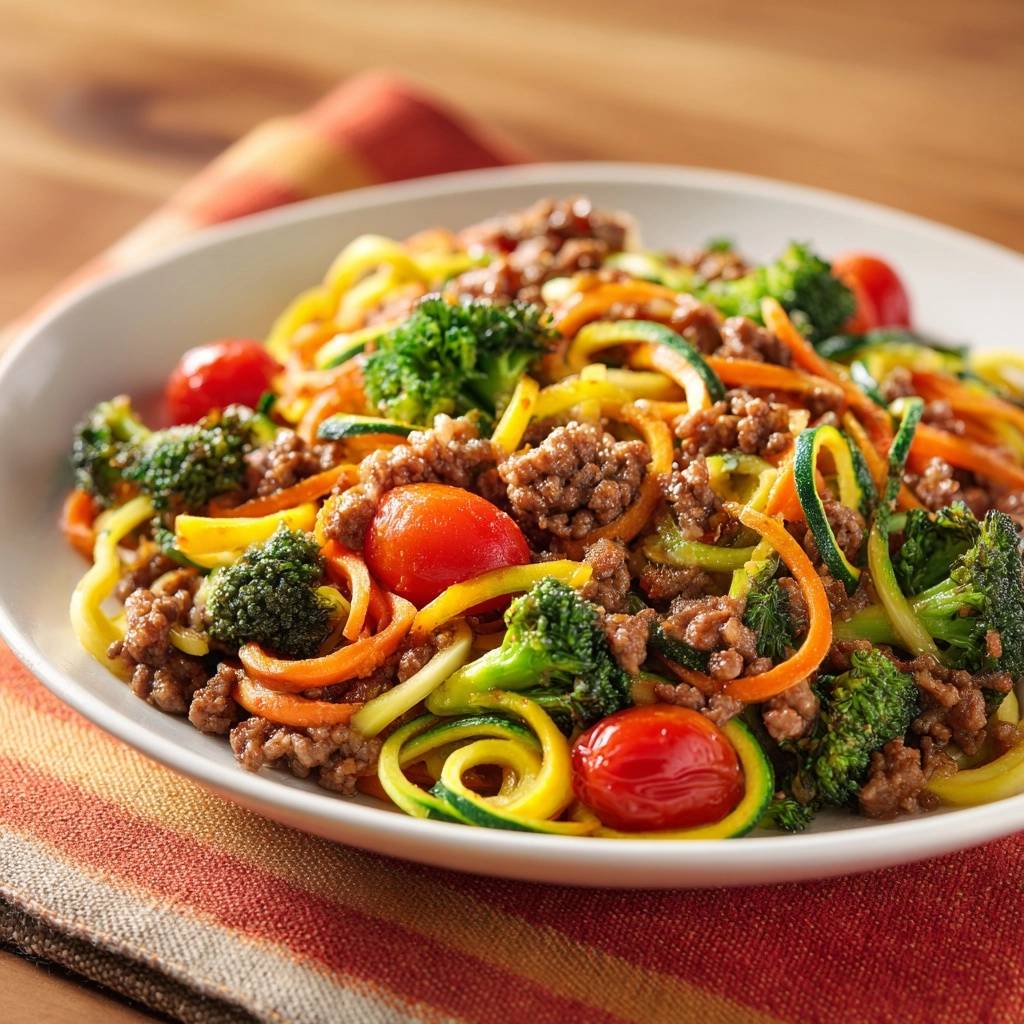 Knackige Zoodle-Bowl mit Rinderhack, Brokkoli & Tomaten in einer weißen Schüssel von oben gesehen, serviert auf einem bunten Platzdeckchen.
