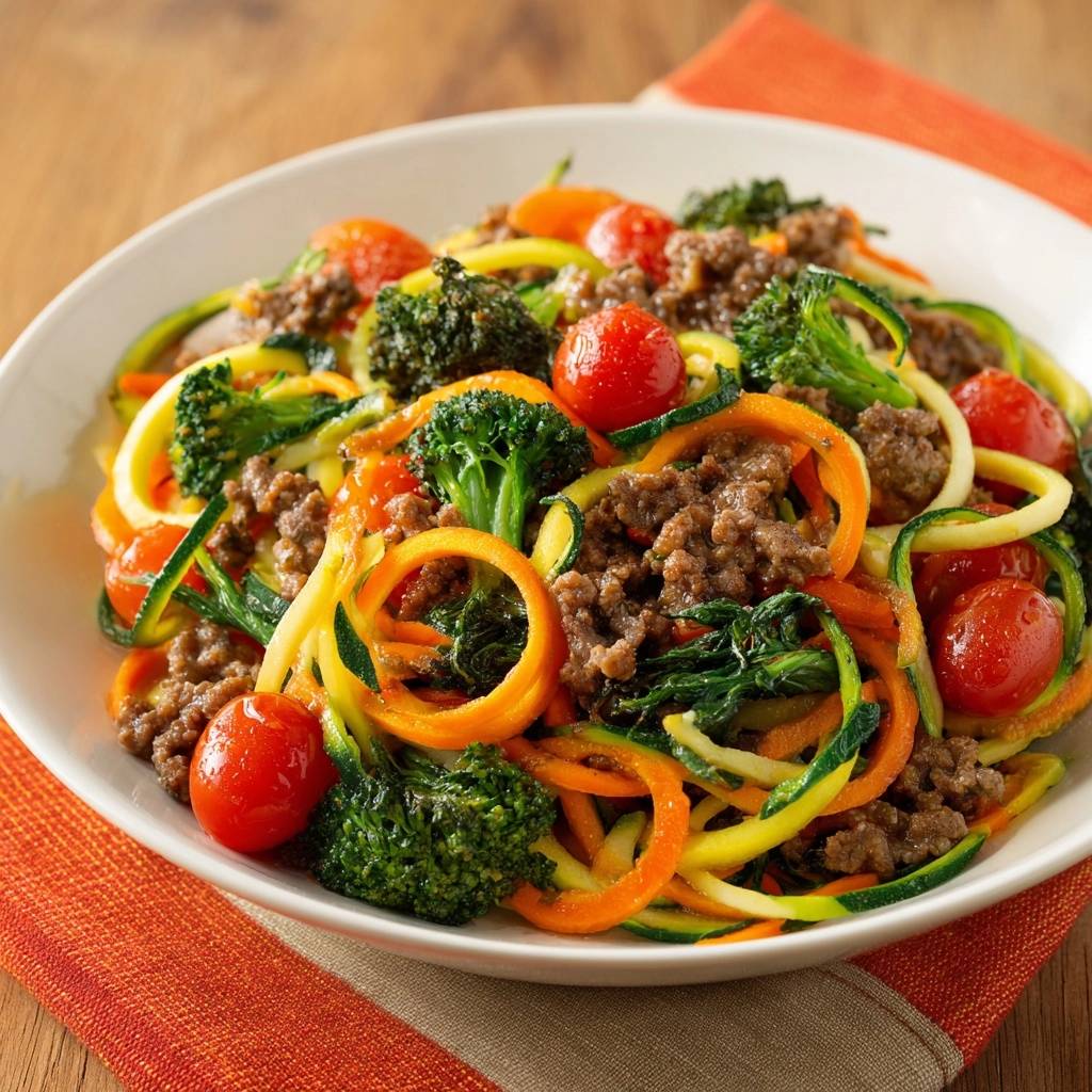 Knackige Zoodle-Bowl mit Rinderhack, Brokkoli & Tomaten in einer weißen Schüssel von oben gesehen, mit frischen Zutaten.