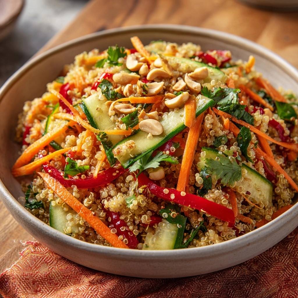Knackiger Quinoa-Gemüsesalat mit Cashews in einer Schüssel, serviert von oben mit frischem Gemüse und gerösteten Erdnüssen.