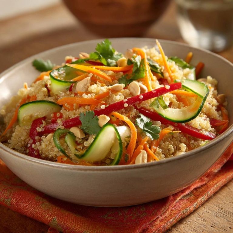Knackiger Quinoa-Gemüsesalat mit Cashews in Nahaufnahme, garniert mit frischen Kräutern und Erdnüssen, serviert in einer Schüssel.
