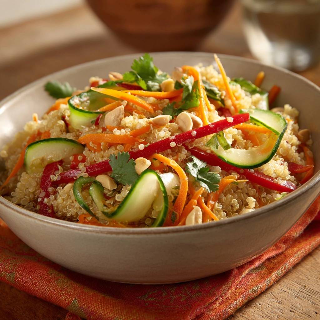 Knackiger Quinoa-Gemüsesalat mit Cashews in Nahaufnahme, garniert mit frischen Kräutern und Erdnüssen, serviert in einer Schüssel.